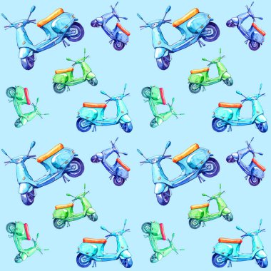 Scooter taşıma dinlenme gezisi motosiklet scooter sürme suluboya deseni tekrarlayan pürüzsüz renk mavi arkaplan