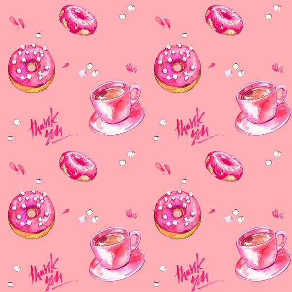 Dank Donut Kopje Koffie Cacao Thee Marshmallows Roze Meisjes Cafe — Stockfoto