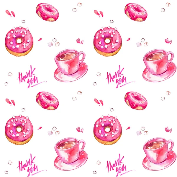Donut kupası pembesi. Kaligrafi teslimatı. Kağıt kaplama arka plan tekstil kafe restoranı.