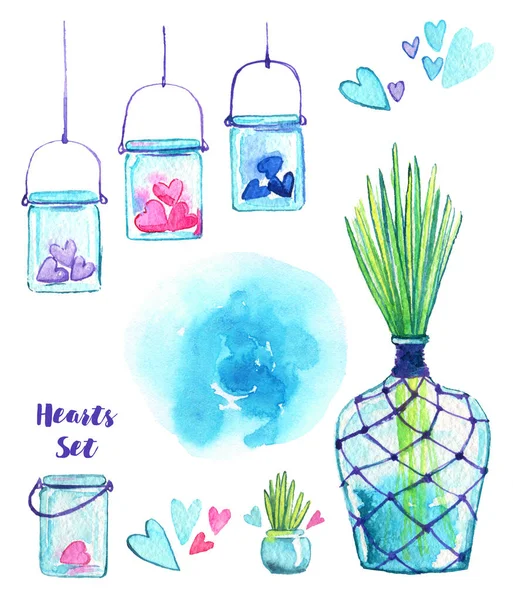 Heart Jar Plant Pot Vase Love Tender Home Decoration Watercolor — Stock Photo, Image