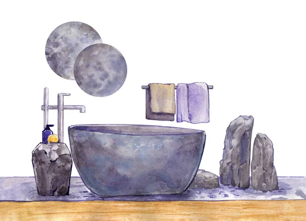 Дизайн Интерьера Ванной Комнаты Японский Стиль Искусственный Камень Лунный Кран — стоковое фото