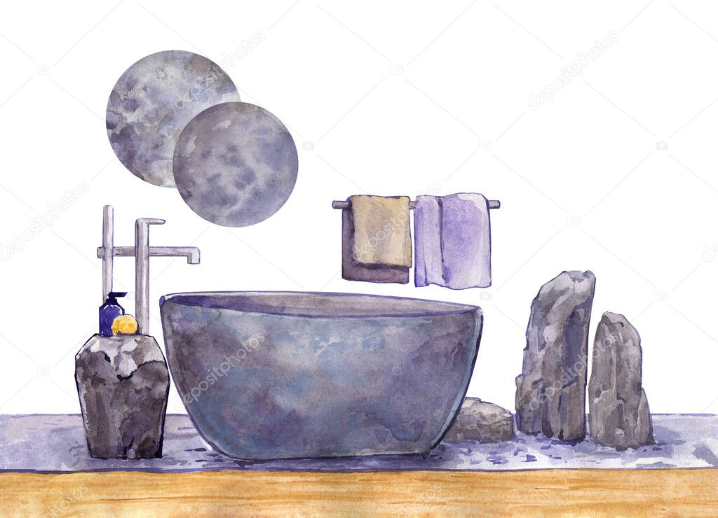 Bathroom interior design japandi japanese style artificial stone moon faucet towel dispenser watercolor isolated