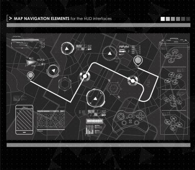 Head-up navigasyon harita öğeleri için web ve uygulama fütüristik kullanıcı arabirimi görüntüler. Sanal grafiği.