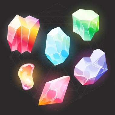 Çizgi film peri taşlar ve elmas Icons Set. Parlak ve parlak taşlarla taşlar, mineraller ve mücevher simgeler web ve app için bir dizi çizimi