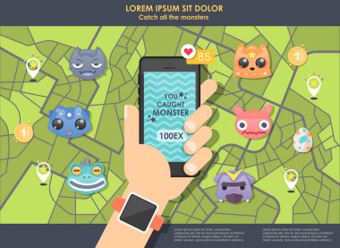 GPS telefon için oyun. El tutma cep telefonu. Oyun yerleri. Arama canavarlar.