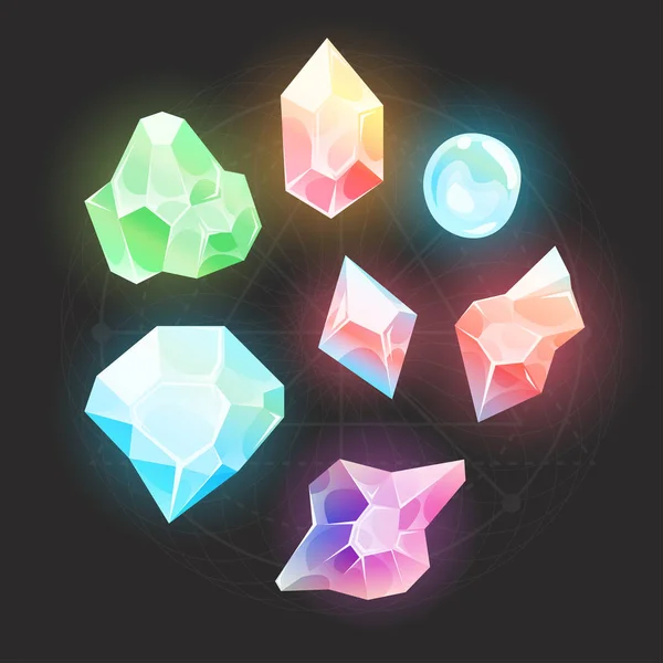 Fata dei cartoni animati Gemme e diamanti Icone Set. Illustrazione di una serie di pietre lucide e brillanti, minerali e gioielli icone per web e app — Vettoriale Stock