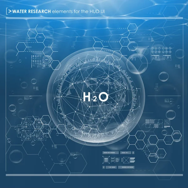 HUD கூறுகளுடன் நீர் ஆராய்ச்சி பின்னணி. எதிர்கால பயனர் இடைமுகம். பயன்பாடு மற்றும் வலைக்கான வார்ப்புரு . — ஸ்டாக் வெக்டார்