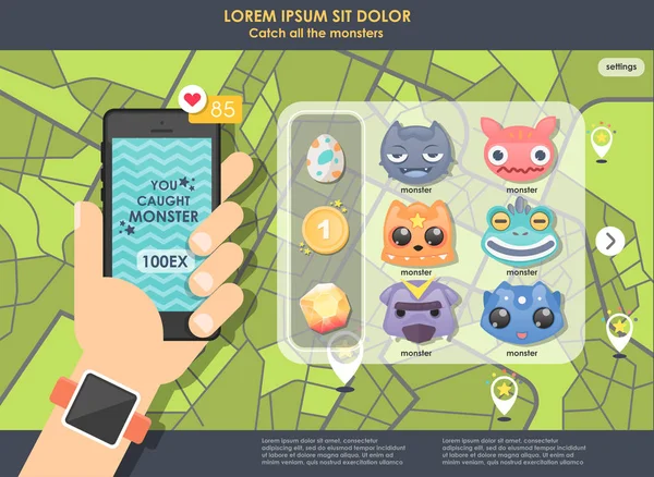 GPS juego para el teléfono. Mano sosteniendo el teléfono móvil. Localizaciones del juego. Buscar monstruos . — Vector de stock