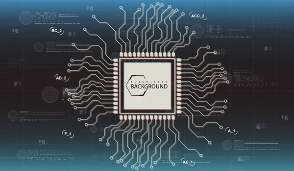 Head-up display element untuk web dan app. Backgroung Futuristik dengan mikroprosesor. Grafis virtual dengan efek glitch . - Stok Vektor