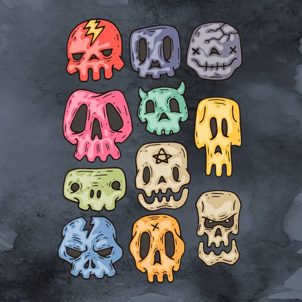 "Set Of Cartoon Halloween Skull". Хэллоуинские наклейки. Карикатурные иконы. Векторная иллюстрация. Симпатичный череп на Хэллоуин . — стоковый вектор