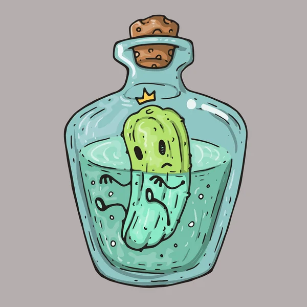 Traurige Gurke in der Flasche. Cartoon-Illustration. — Stockvektor