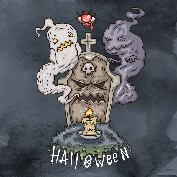Feliz Halloween ilustración de dibujos animados. lápida malvada y fantasmas . — Archivo Imágenes Vectoriales