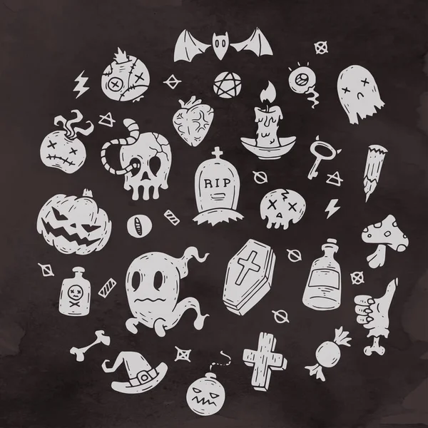 Set di cartoni animati icone di Halloween felice. Set di adesivi di Halloween. Icone dei cartoni animati e altri elementi. Illustrazione vettoriale. Carino personaggi di Halloween . — Vettoriale Stock