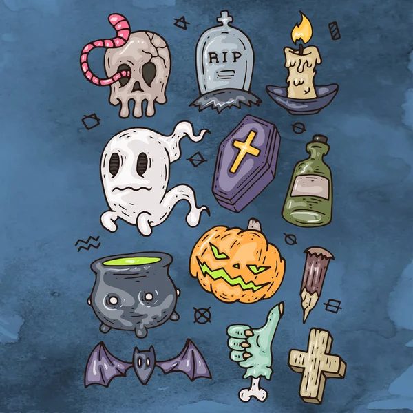 Set di cartoni animati icone di Halloween felice. Set di adesivi di Halloween. Icone dei cartoni animati e altri elementi. Illustrazione vettoriale. Carino personaggi di Halloween . — Vettoriale Stock