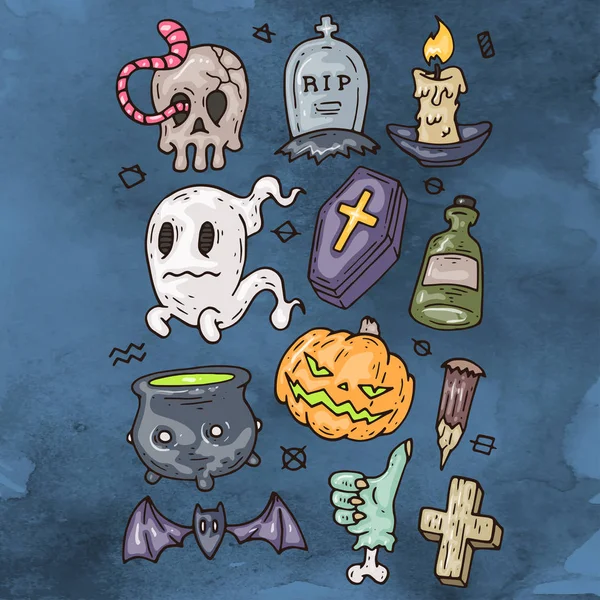 Conjunto de desenhos animados ícones Feliz Halloween. Jogo de adesivos de Halloween. Ícones de desenhos animados e outros elementos. Ilustração vetorial. Personagens de Halloween bonito . — Vetor de Stock