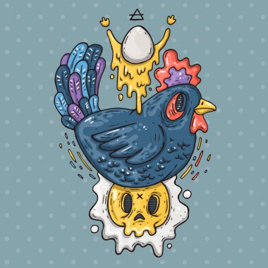 Karanlık tavuk ve kızarmış yumurta. Karikatür Çizim komik trendy tarzı.