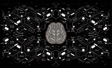 Conceptual Polygonal Brain with HUD elements. Background with futuristic user interface. Design concept with Head-up Display elements. clipart