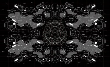 Hud elemanları ile kavramsal poligonal beyin. Arka plan ile fütüristik kullanıcı arayüzey. Head-up Display elemanları ile tasarım konsepti.
