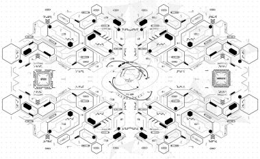 Kavramsal şablon Hud elemanları ile. Arka plan ile fütüristik kullanıcı arayüzey. Head-up Display elemanları ile tasarım konsepti.