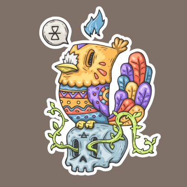 Bir kafatası üzerinde oturan aşiret süsleme ile karikatür kuş.