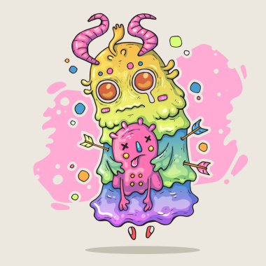 Canavar küçük bir yaratık tutar. Karikatür Çizim komik trendy tarzı.