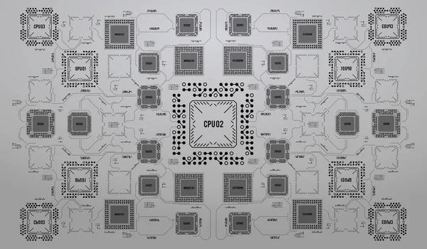 Fond moderne avec interface utilisateur futuriste. Technologie du matériel informatique électronique. Carte mère puce numérique. Processeur de communication intégré. Composante ingénierie de l'information . — Image vectorielle