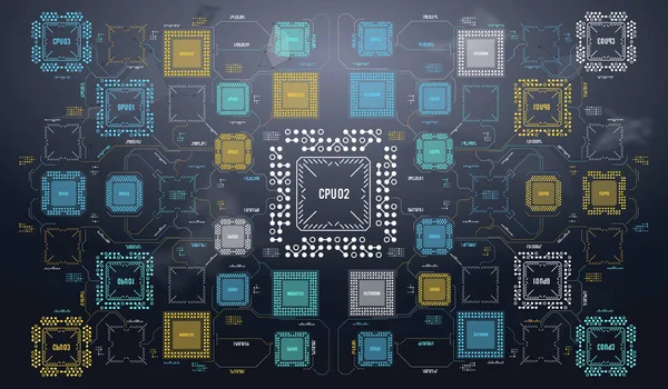 Contexto moderno com interface de usuário futurista. Tecnologia de hardware de computador eletrônico. Ficha digital da placa-mãe. Processador de comunicação integrado. Componente de engenharia da informação . —  Vetores de Stock