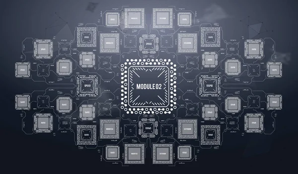 Nowoczesne tło z futurystyczny interfejs. Technologia sprzętu elektronicznego komputera. Płyta główna cyfrowy chip. Zintegrowanej komunikacji procesora. Informacje techniczne składnika. — Wektor stockowy