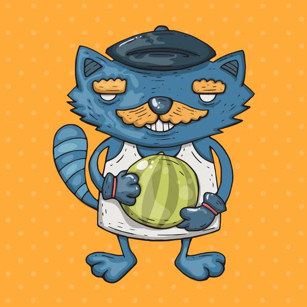 Kreslená kočka s knírem drží meloun. Kreslený obrázek v komické módní styl. — Stockový vektor