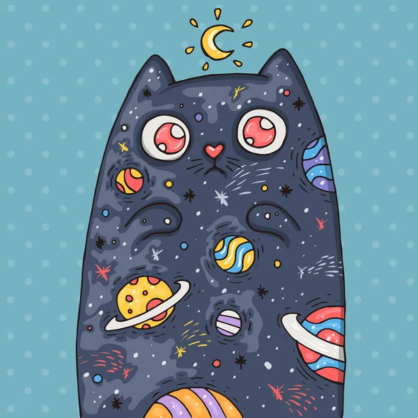 Cartoon cute cat with the universe inside. Cartoon illustration in comic trendy style.