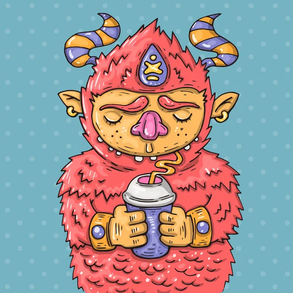 Kreslený monstrum pití z hrnečku. Kreslený obrázek v komické módní styl. — Stockový vektor