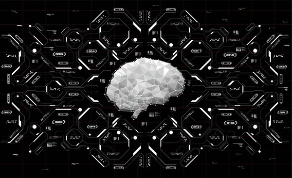 Conceptual Polygonal Brain dengan elemen HUD. Latar belakang dengan antarmuka pengguna futuristik. Desain konsep dengan Head-up Tampilkan elemen . - Stok Vektor
