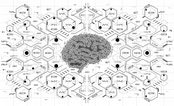 Εννοιολογική πολυγωνικό εγκεφάλου με στοιχεία Hud. Φόντο με φουτουριστικό user επεμβαίνω. Σχεδίαση με Head-up Display στοιχεία. — Διανυσματικό Αρχείο