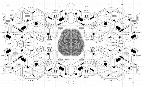 Conceptual Polygonal Brain dengan elemen HUD. Latar belakang dengan antarmuka pengguna futuristik. Desain konsep dengan Head-up Tampilkan elemen . - Stok Vektor