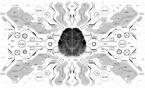 Cerebro Poligonal Conceptual con elementos HUD. Fondo con interfaz de usuario futurista. Concepto de diseño con elementos Head-up Display . — Archivo Imágenes Vectoriales