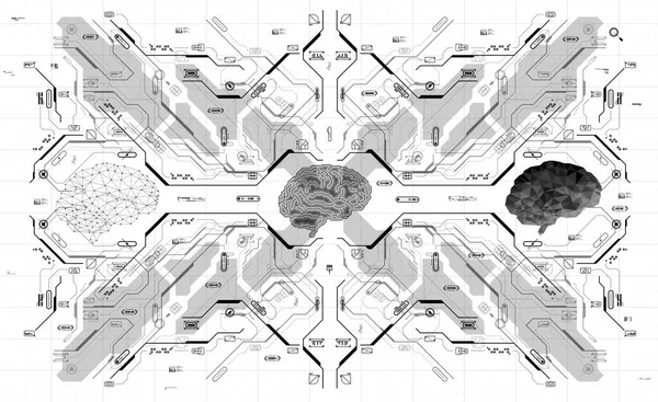 Cerebro Poligonal Conceptual con elementos HUD. Fondo con interfaz de usuario futurista. Concepto de diseño con elementos Head-up Display . — Vector de stock