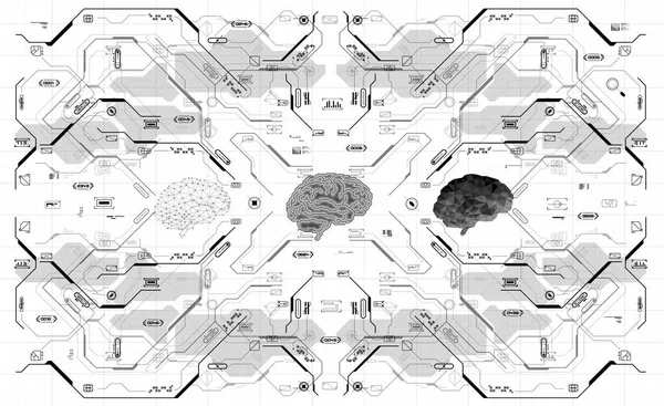 Cerebro Poligonal Conceptual con elementos HUD. Fondo con interfaz de usuario futurista. Concepto de diseño con elementos Head-up Display . — Vector de stock