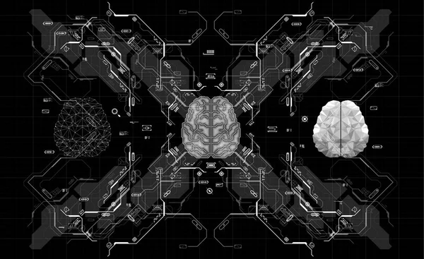 Konceptuální polygonální mozek s prvky Hud. Pozadí s futuristickou uživatelským rozhraním. Koncepce designu s prvky Head-up Display. — Stockový vektor