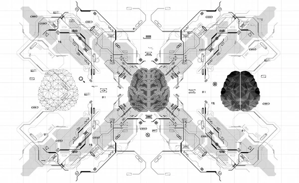 Cervello poligonale concettuale con elementi HUD. Sfondo con interfaccia utente futuristica. Concetto di design con elementi Head-up Display . — Vettoriale Stock