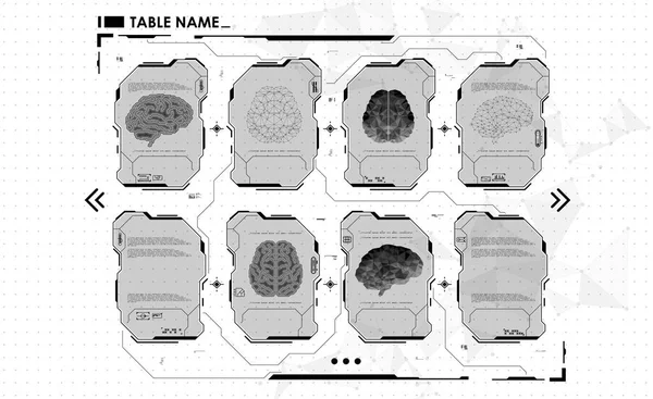 Set panel infografis HUD dengan otak. Head-up display banner untuk web dan aplikasi. Antarmuka pengguna Futuristik. Grafik virtual . - Stok Vektor
