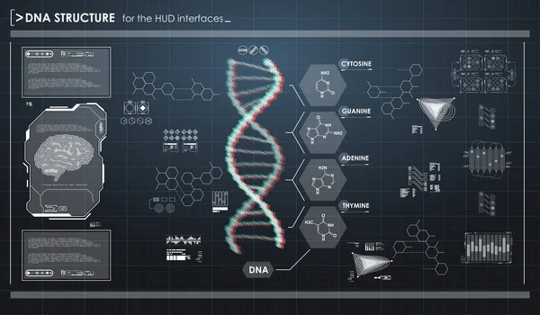 Unsur infografis HUD dengan struktur DNA. Antarmuka pengguna Futuristik. Grafik virtual abstrak. - Stok Vektor