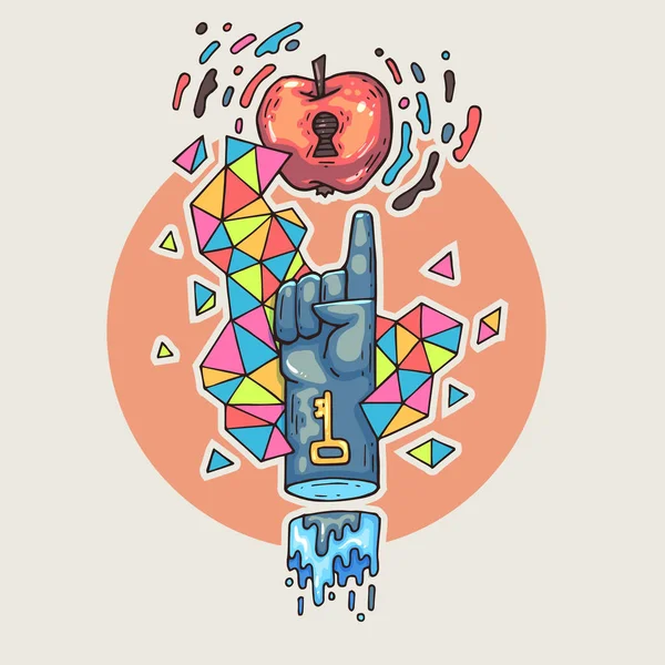 Ruka sahá pro apple. Kreslený obrázek v komické módní styl. — Stockový vektor
