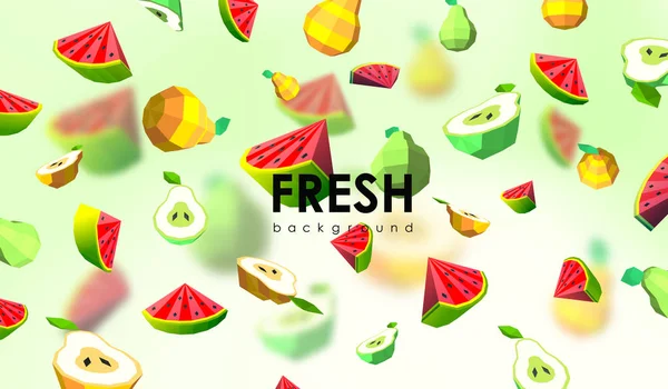 Creative background with low poly fruit. Illustration with polygonal pear and watermelon. — Stock Vector