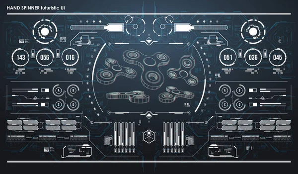 Elemen infografis HUD dengan pemintal tangan. Antarmuka pengguna Futuristik. Grafik virtual abstrak . - Stok Vektor