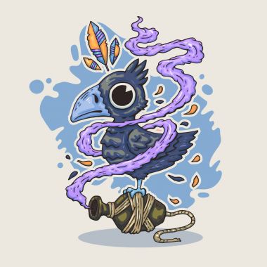 aynı zamanda şişe üzerinde çizgi film crow. Vektör halat web ve baskı için.