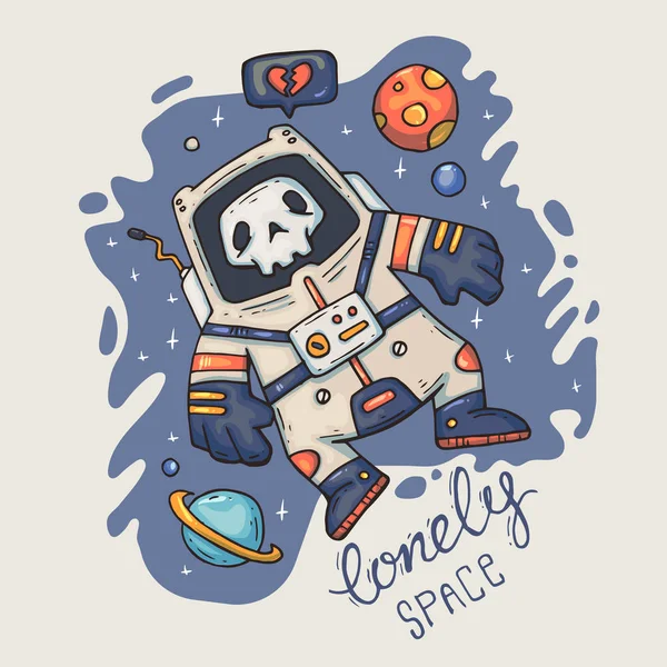 Γελοιογραφία αστροναύτης στο διάστημα. Εικονογράφηση διάνυσμα με χαρακτήρα και γράμματα. — Διανυσματικό Αρχείο