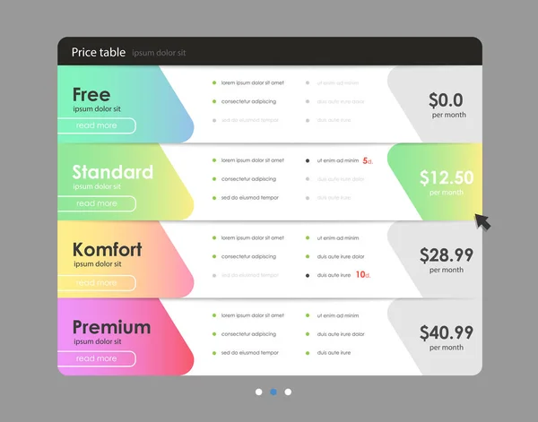 Angebotstarife. ui ux Vektor Banner für Web-App. Preisliste, Bestellung, Box, Schaltfläche, Liste mit Plan für Website in flachem Design. — Stockvektor