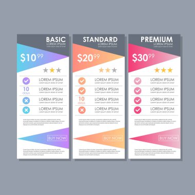 Teklif tarifeler kümesi. Tablo, sipariş, kutusu, düğme, Web sitesi için plan listesiyle düz tasarımında fiyatlandırma UI ux vektör banner web App'te için ayarla.