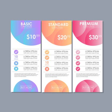 Teklif tarifeler kümesi. Tablo, sipariş, kutusu, düğme, Web sitesi için plan listesiyle düz tasarımında fiyatlandırma UI ux vektör banner web App'te için ayarla.