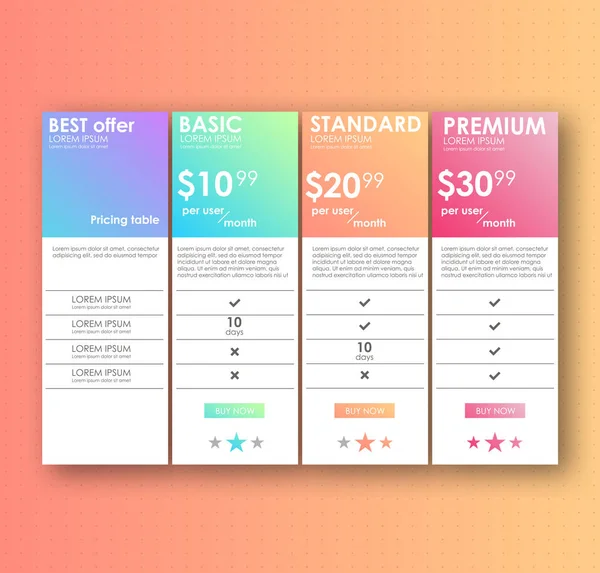 Set aanbieding tarieven. UI ux vector banner voor web app. set prijzen tabel, orde, vak, knop, lijst met plan voor een website in platte ontwerp. — Stockvector